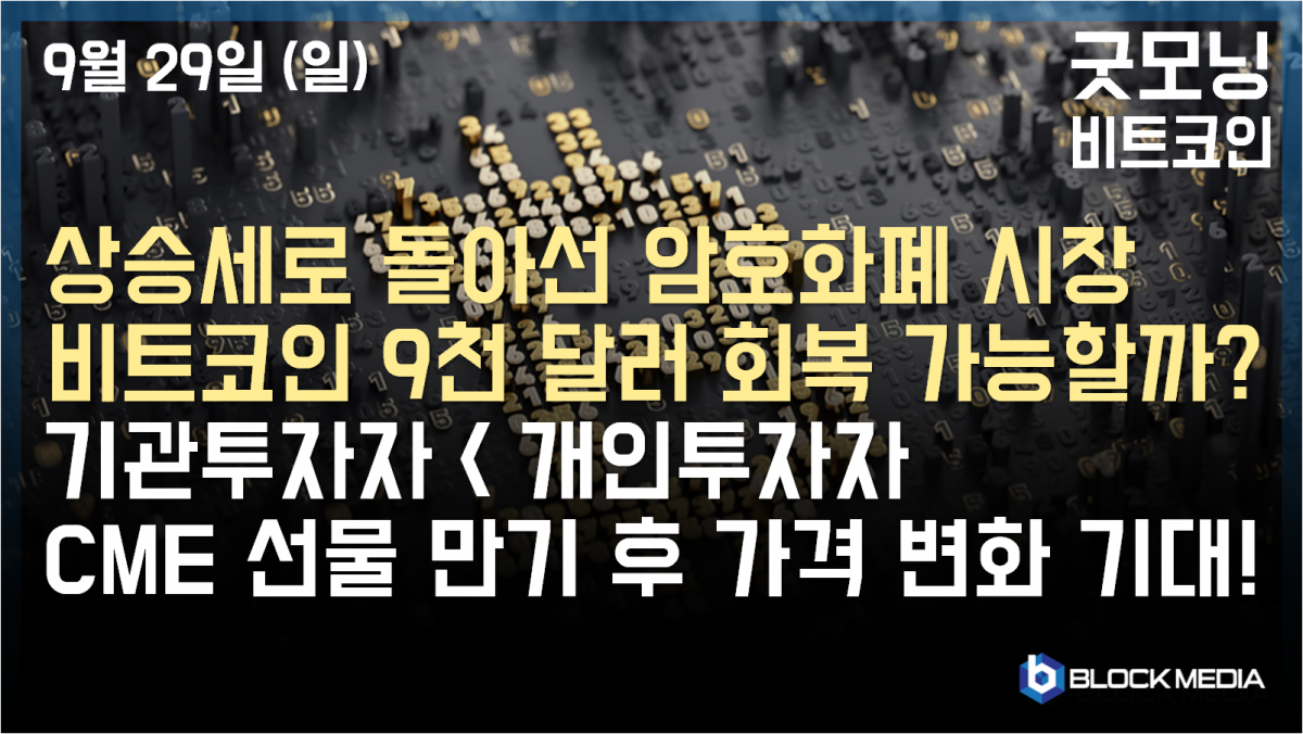 [굿모닝 비트코인] 0929 낙폭 줄이며 강보합세로 돌아선 비트코인, 선물 계약 만료 후 9천 달러 회복 가능할까?.. 암호화폐 성장 기반은 기관 투자자 아닌 개인 투자자다!