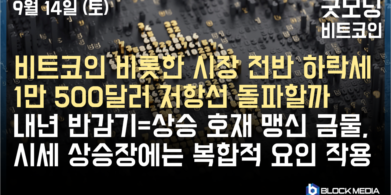 굿모닝 비트코인] 0914 비트코인 1만 300달러 하회, 시장 전반 하락세 지속.. 저항선 돌파 가능할까? 반감기 상승 호재 맹신  금물, 신중한 접근 필요 | 블록미디어