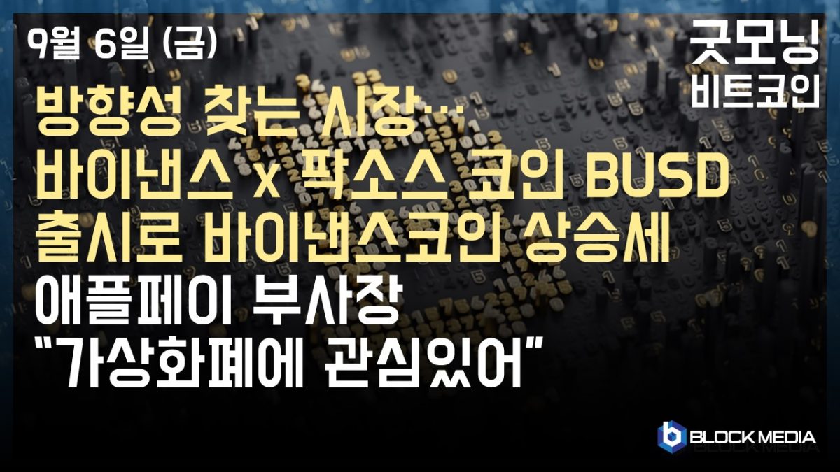 [굿모닝 비트코인] 0906 방향성 모색하는 시장…바이낸스 x 팍소스 코인 BUSD 출시로 바이낸스코인은 상승세