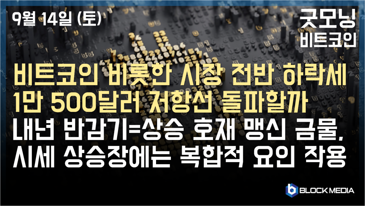 [굿모닝 비트코인] 0914 비트코인 1만 300달러 하회, 시장 전반 하락세 지속.. 저항선 돌파 가능할까? 반감기 상승 호재 맹신 금물, 신중한 접근 필요