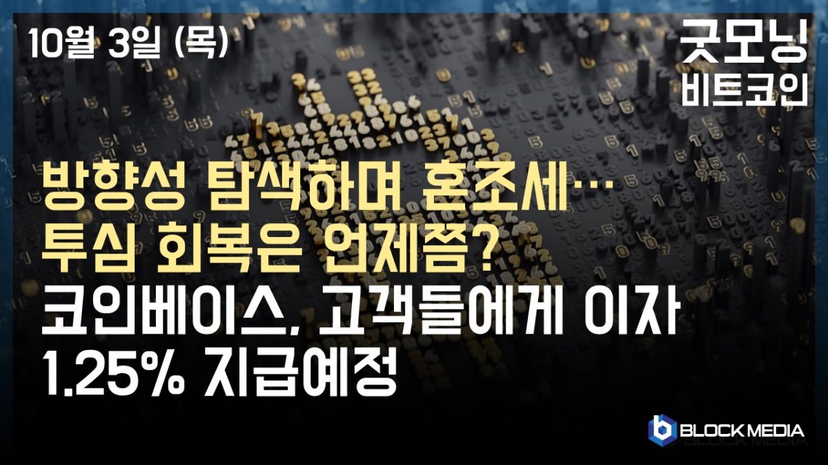 [굿모닝 비트코인] 1003 방향성 탐색하며 혼조세, 투심 회복은 언제쯤? 코인베이스, 고객들에게 이자 1.25% 지급예정