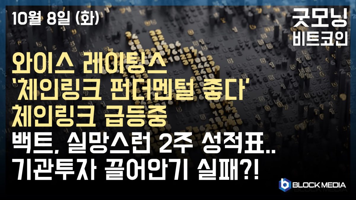 [굿모닝 비트코인] 1008 와이스 레이팅스, 체인링크 펀더멘탈 탄탄하다..상승세 지속중, 실망스런 백트 2주 성적표 기관투자자 끌어안기 실패?