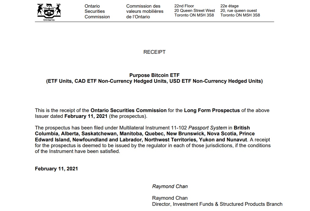 캐나다 당국(OSC), 비트코인 ETF 승인