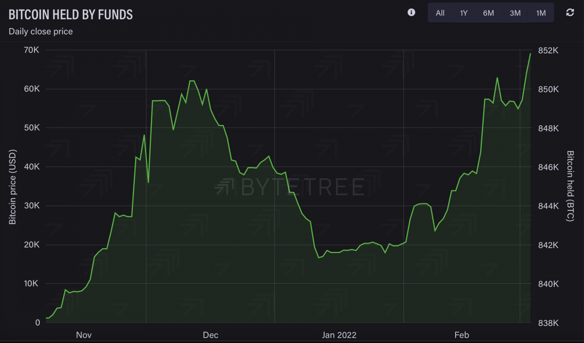 펀드 보유 비트코인 사상 최고치 … 4주 새 거의 1만BTC 증가