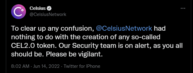 [오피셜] 셀시우스 “CEL2.0 토큰 발행과 전혀 관련 없다”