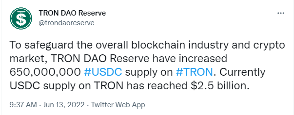 트론 USDC 공급 25억달러 도달 … 트론DAO, 준비금에 6억5000만 USDC 추가