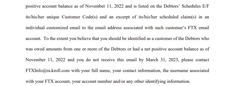 [사진 3월 16일자로 FTX 트레이딩이 델라웨어 법원에 제출한 채권자 통지 관련 내용의 일부 캡처]