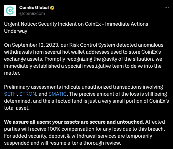 [코인EX 해킹 사건 안내 공지문, CoinEx]