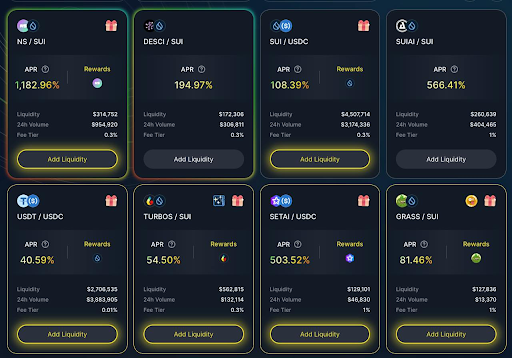 현재 터보스 파이낸스에 존재하는 페어들. USDT/USDC 페어에 40% APR이 적용되어 있는 것을 확인할 수 있다. 출처=Turbos Finance